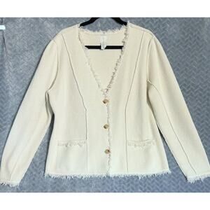 Joie Raw Edge Ivory Cardigan/Jacket XL V Neck Fringe Edge Textured Knit Boucle